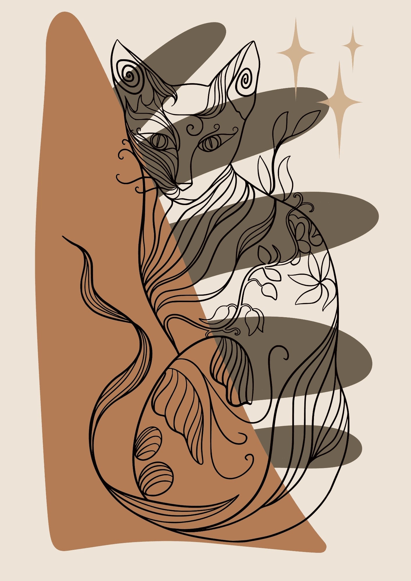 Abstrakcyjny Kot z Geometrycznymi Wzorami na Pomarańczowym Tle Plakat