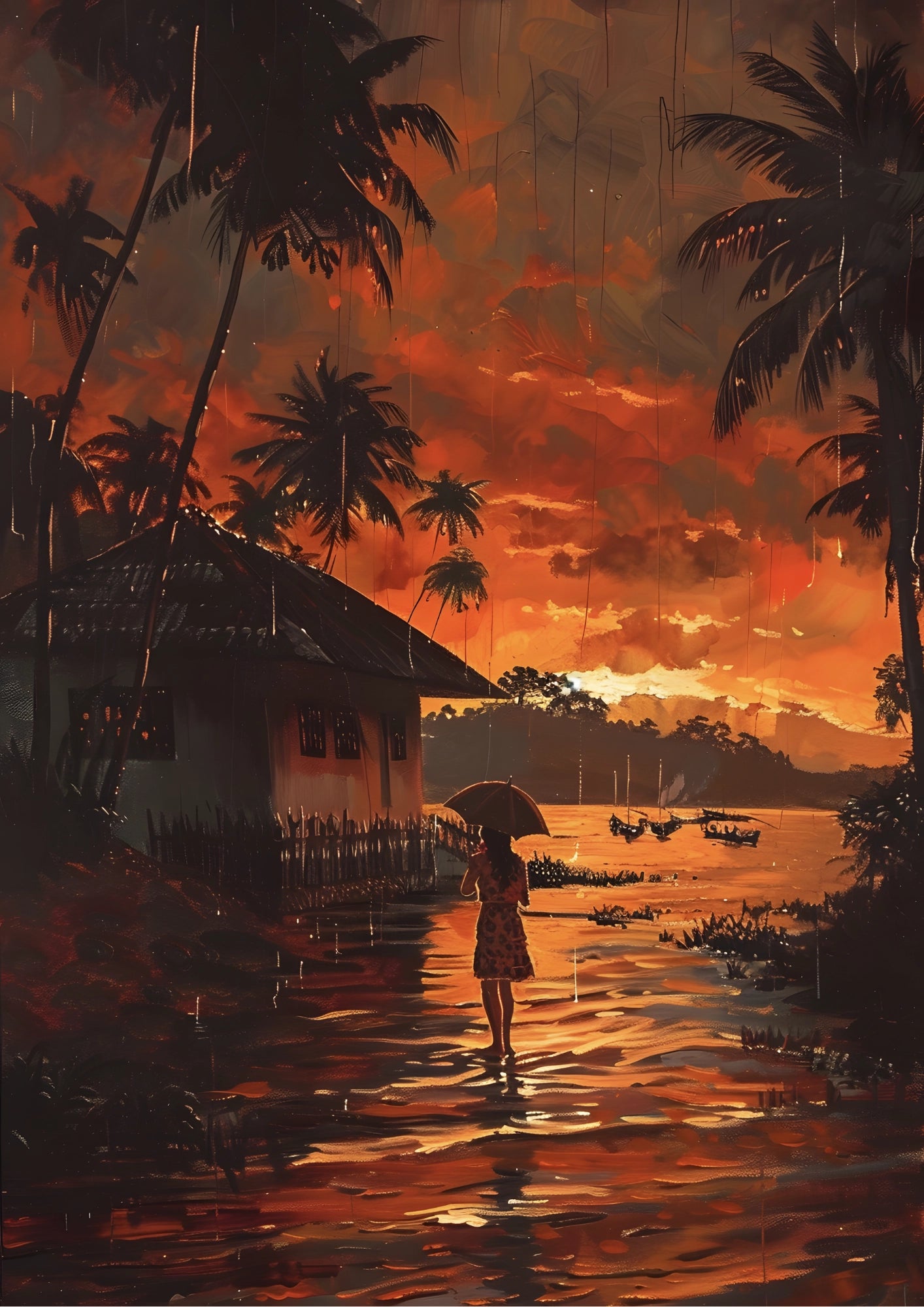 Kobieta pod Palmami w Zachodzie Słońca Plakat