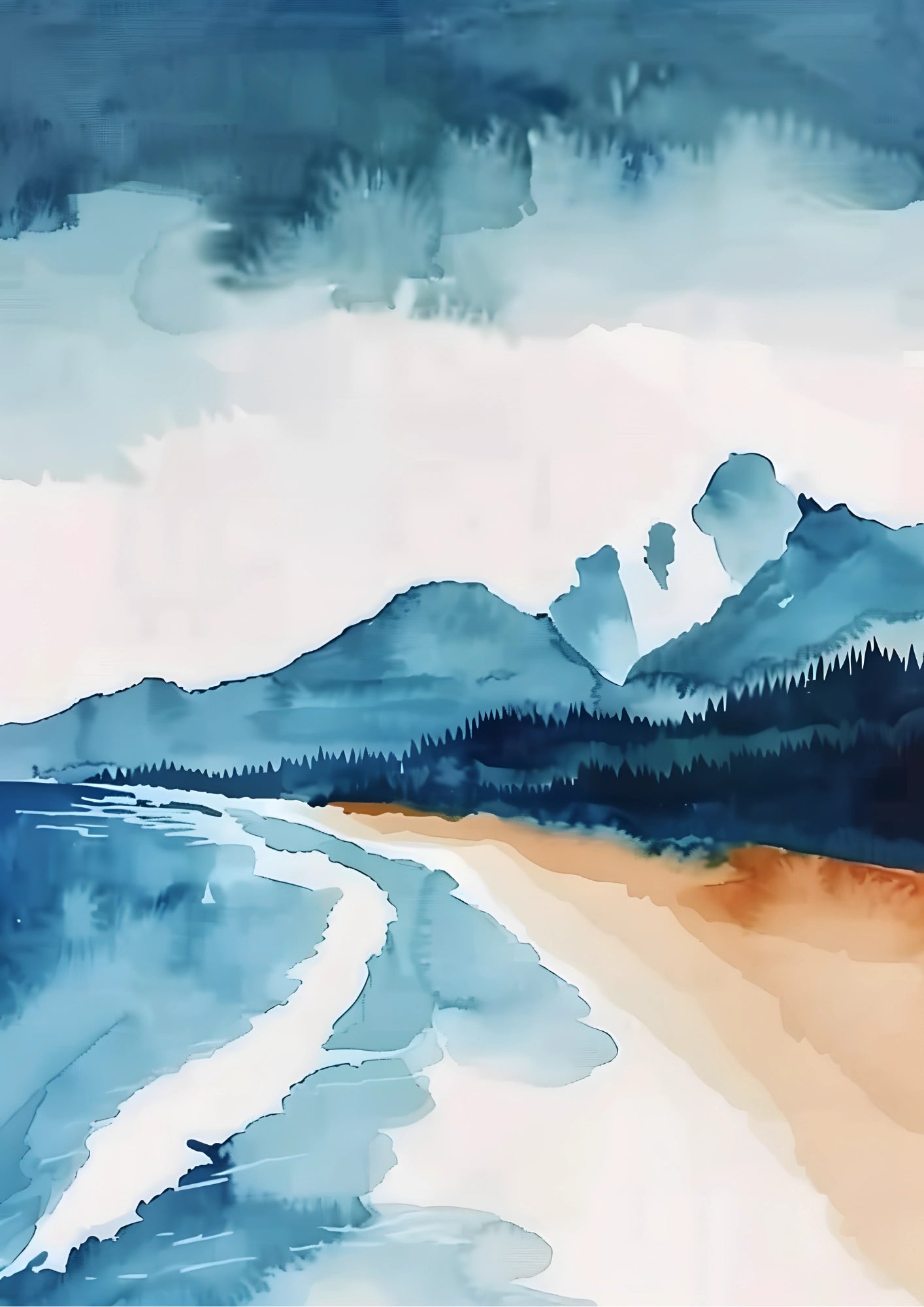 Spokojna Plaża z Górami Plakat