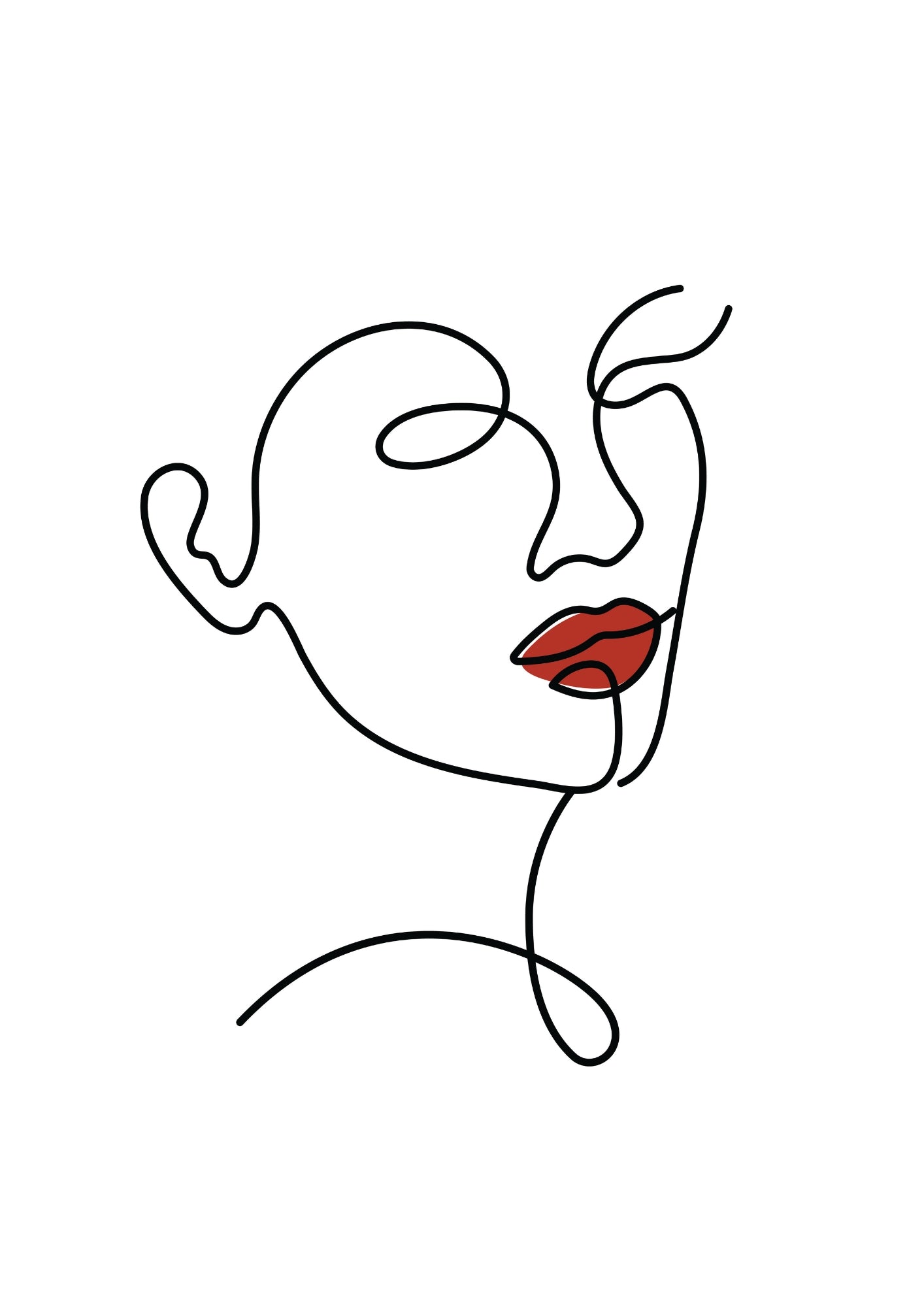 Minimalistyczna Twarz w Linii Konturowej z Czerwonymi Ustami Plakat