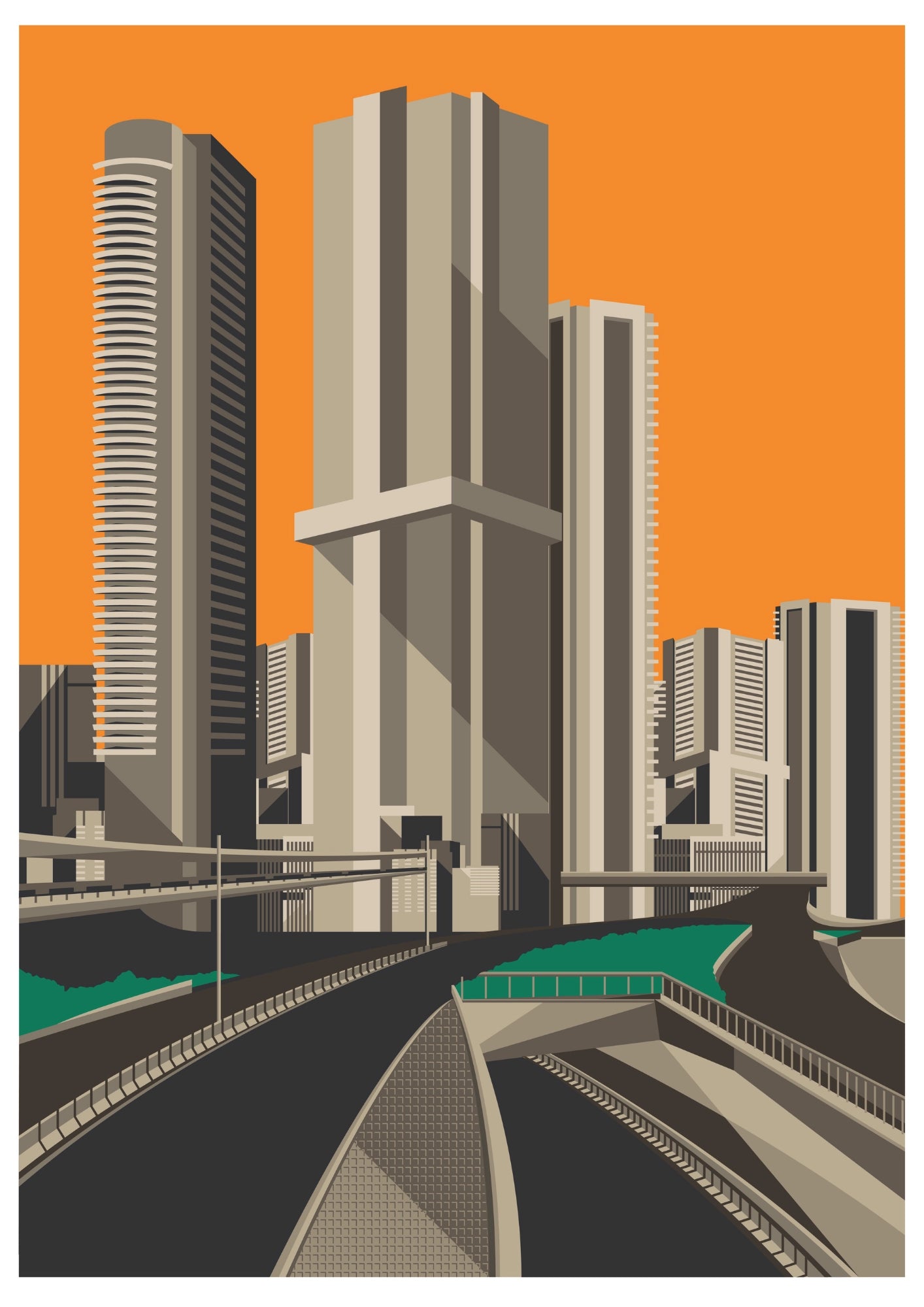 Modernistyczne Miasto o Zachodzie Słońca Plakat