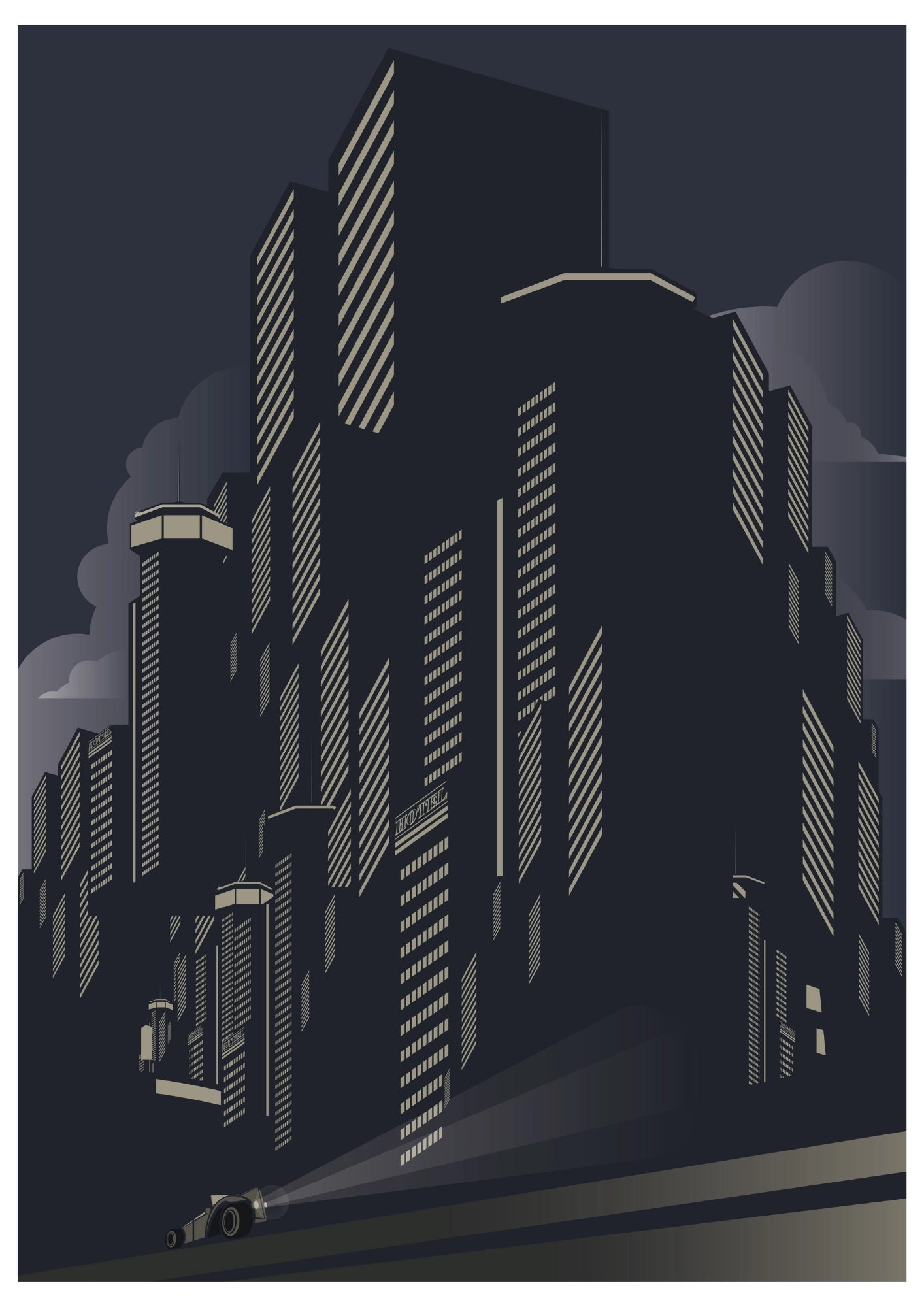 Metropolia Nocą z Samochodem Retro - Plakat