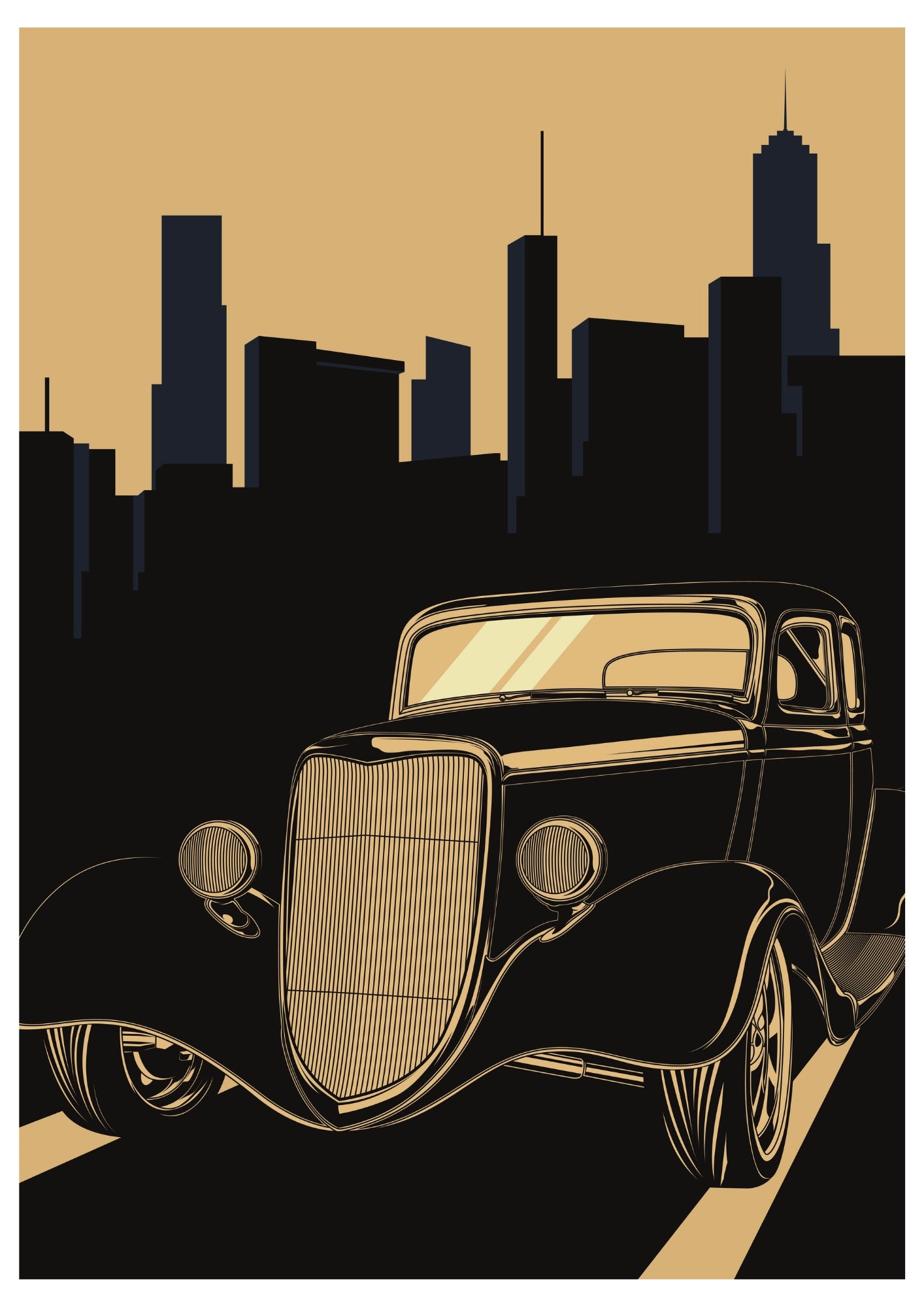 Klasyczny Samochód na Tle Metropolii – Plakat