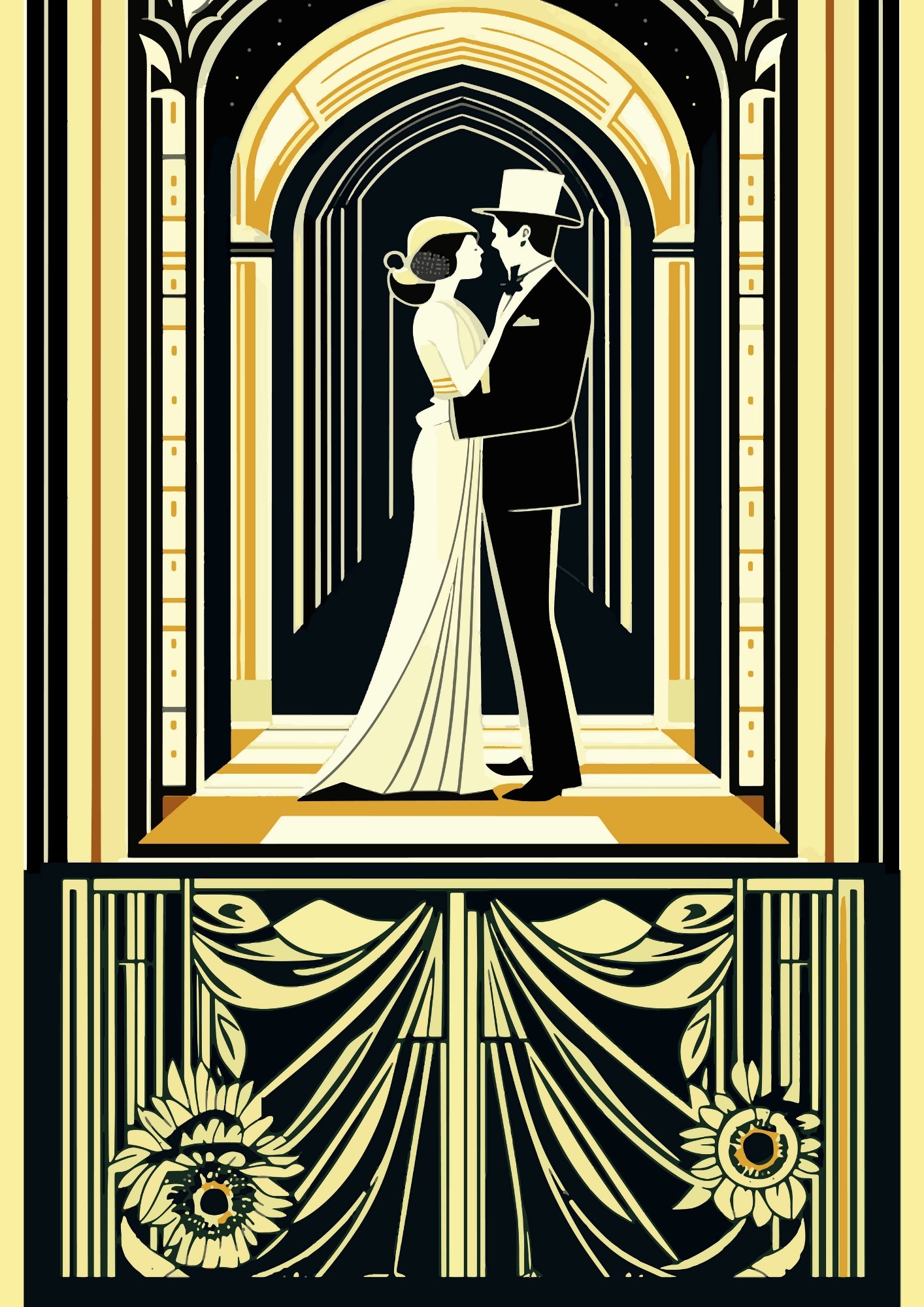 Para w Złotej Architekturze Art Deco Retro Plakat