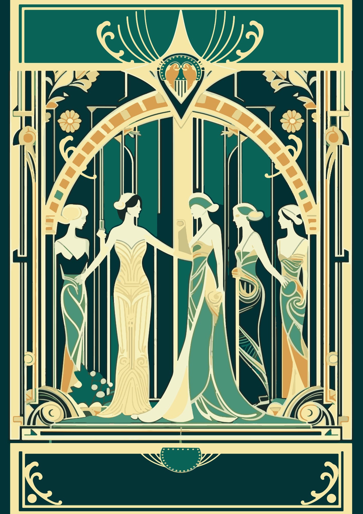 Eleganckie Damy w Złotej Ramie Art Deco Plakat