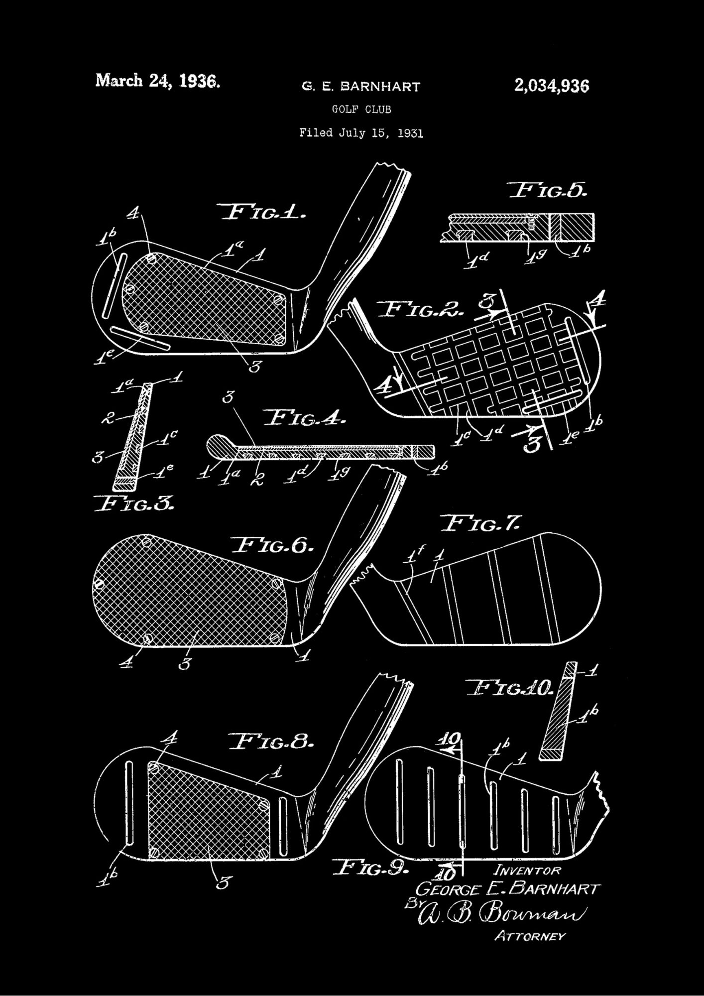 Patent na Innowacyjną Główkę Kija Golfowego z 1936 Roku Plakat