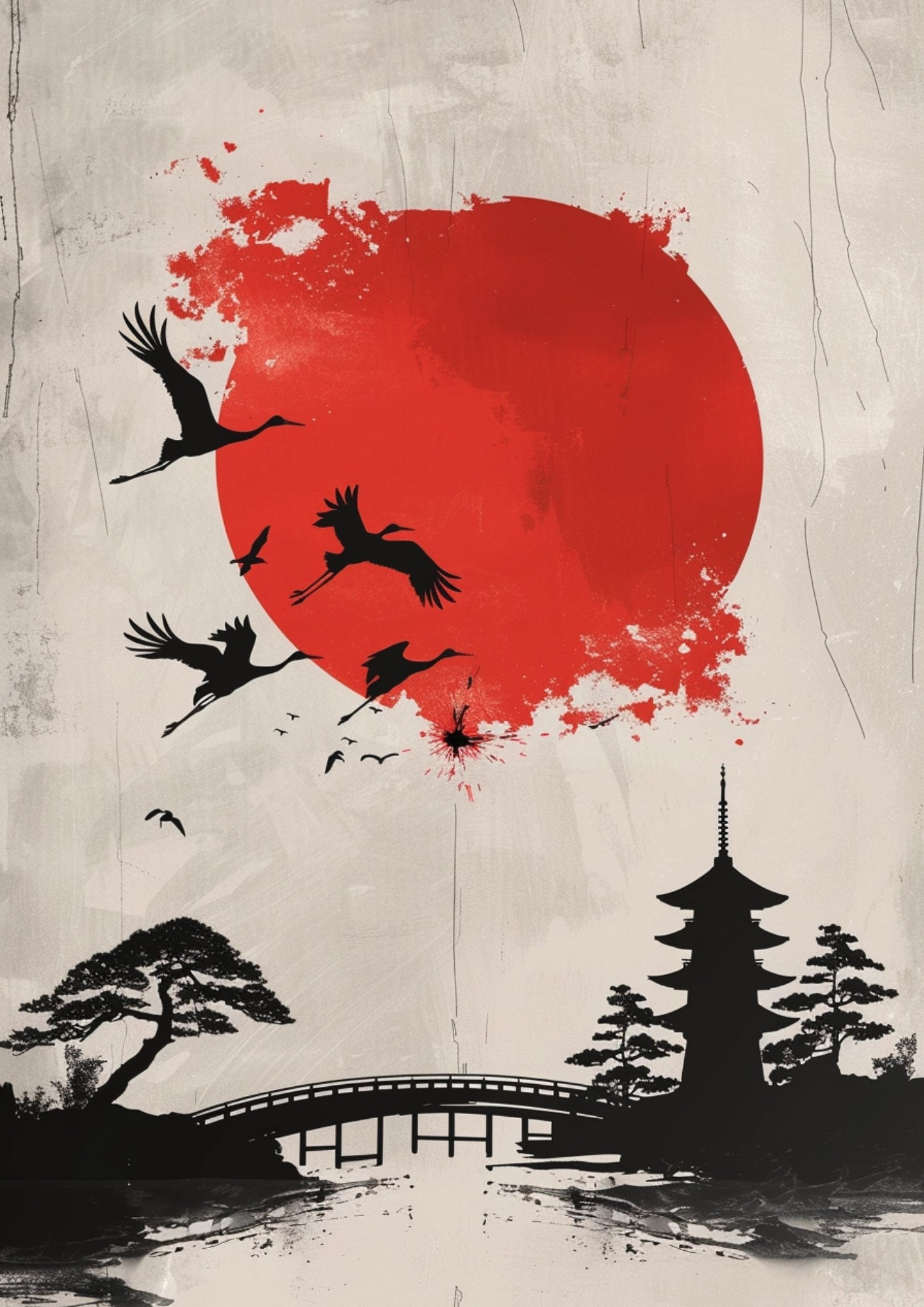 Czerwone Słońce i Żurawie Plakat