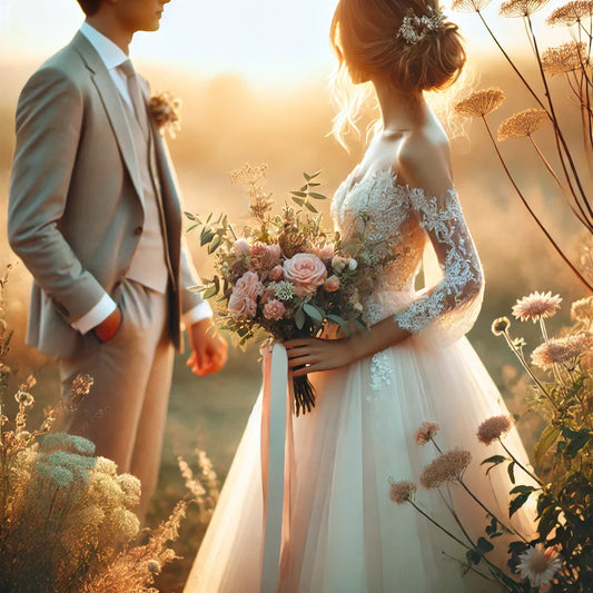 Romantyczna para młoda w ogrodzie podczas zachodu słońca. Panna młoda w białej sukni trzyma bukiet, a pan młody w jasnym garniturze. Otoczenie pełne kwiatów i zieleni, idealna scena ślubna.