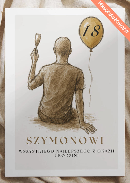 Personalizowany Plakat Urodzinowy z Mężczyzną i Balonem – Wyjątkowy Prezent na Każdy Wiek