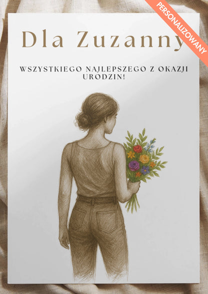 Personalizowany Plakat Urodzinowy z Kobiecą Sylwetką i Kwiatami – Subtelny Prezent Dla Niej