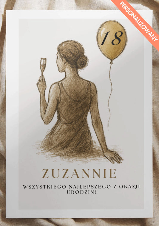 Personalizowany Plakat Urodzinowy z Postacią Kobiecą i Złotym Balonem – Stylowa Pamiątka na Każdy Wiek