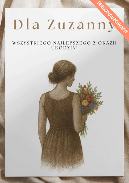 Personalizowany Plakat Urodzinowy z Kobiecą Sylwetką i Bukietem – Elegancki Prezent Dla Niej