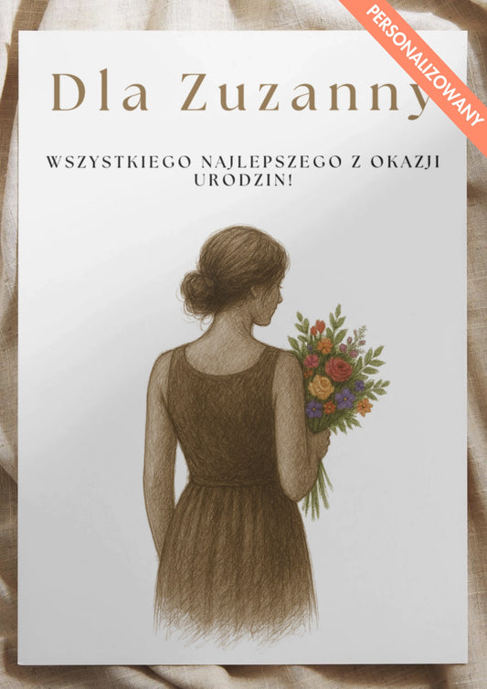 Personalizowany Plakat Urodzinowy z Kobiecą Sylwetką i Bukietem – Elegancki Prezent Dla Niej