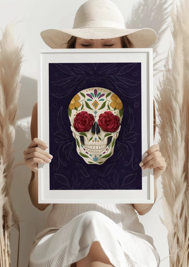 Czaszka z różami i ornamentami plakat