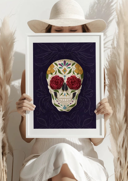 Czaszka z różami i ornamentami plakat