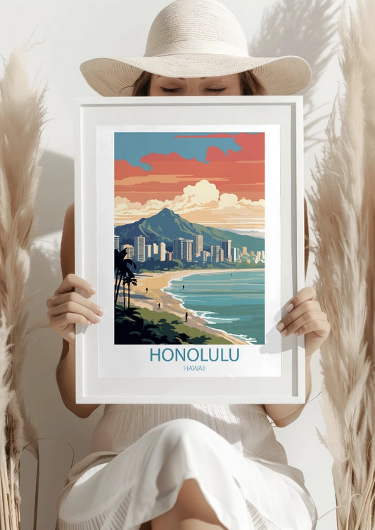 Panorama Honolulu z Widokiem na Plażę i Góry Plakat