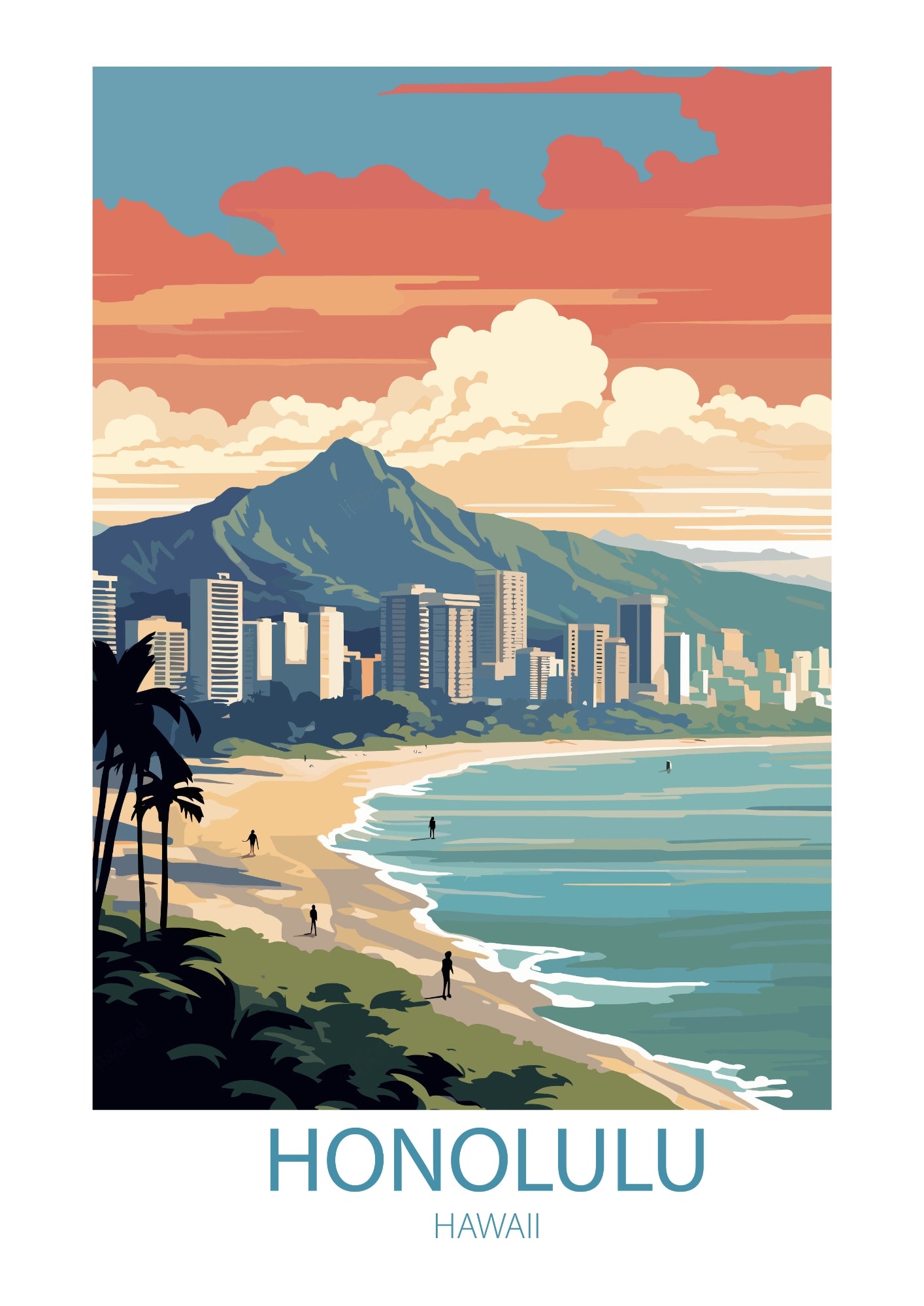 Panorama Honolulu z Widokiem na Plażę i Góry Plakat