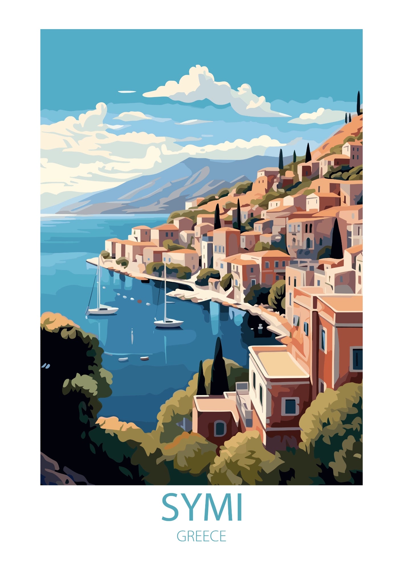 Symi Greckie Nadmorskie Miasteczko Plakat