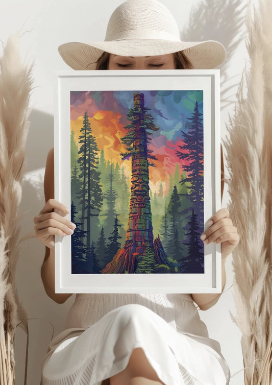 Kolorowy Totem w Lesie O Zachodzie Słońca Plakat