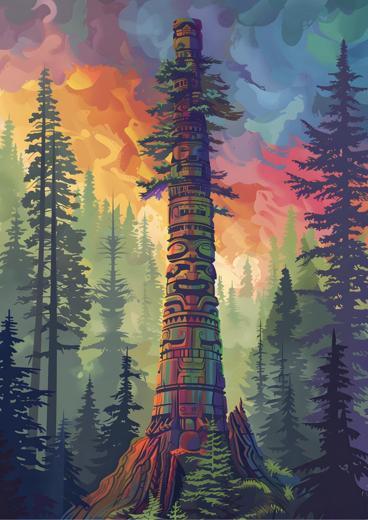 Kolorowy Totem w Lesie O Zachodzie Słońca Plakat