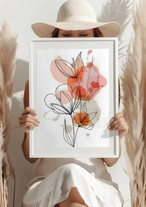 Minimalistyczny Kwiatowy Zarys z Pomarańczowym Akcentem Plakat