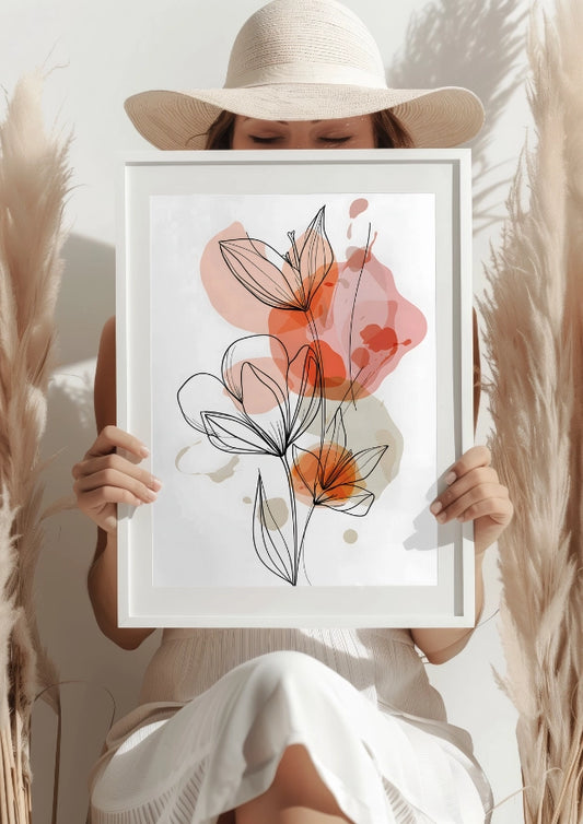 Minimalistyczny Kwiatowy Zarys z Pomarańczowym Akcentem Plakat