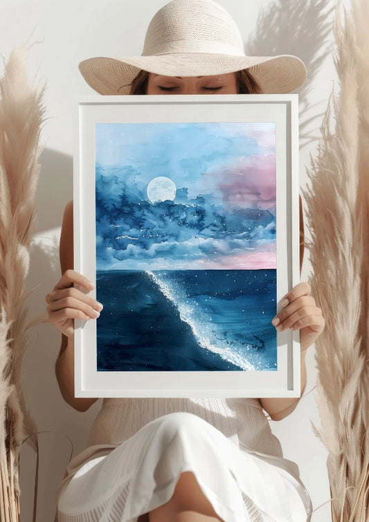 Pełnia Księżyca Nad Oceanem Plakat
