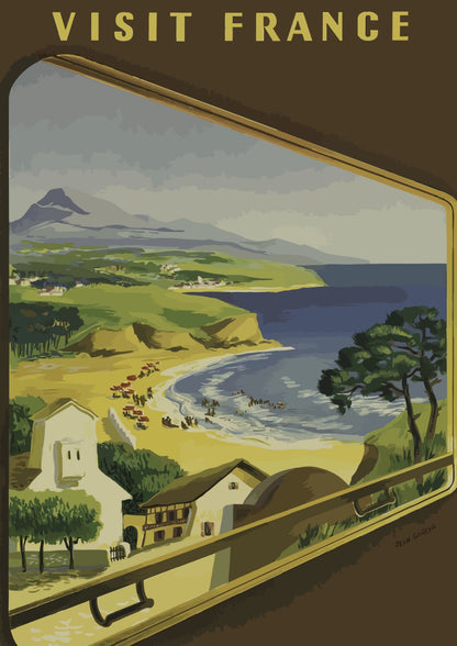 Odwiedź Francję Plaża Retro Plakat