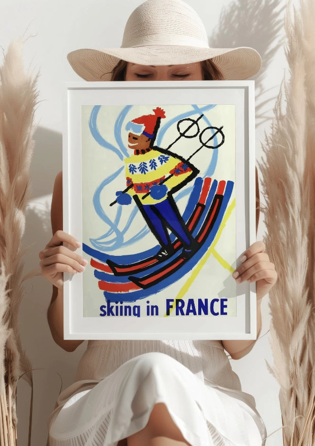 Skiing in France Kolorowy Narciarz Plakat
