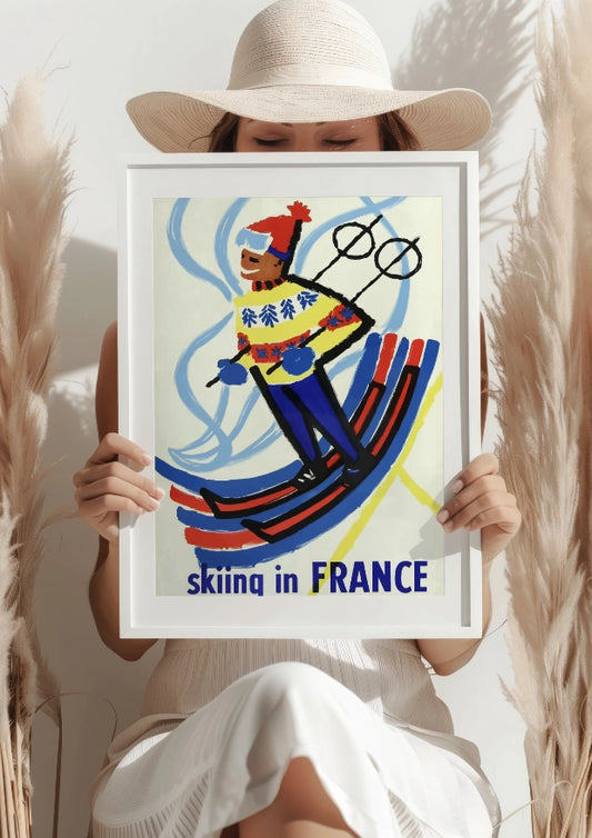 Skiing in France Kolorowy Narciarz Plakat
