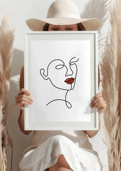 Minimalistyczna Twarz w Linii Konturowej z Czerwonymi Ustami Plakat