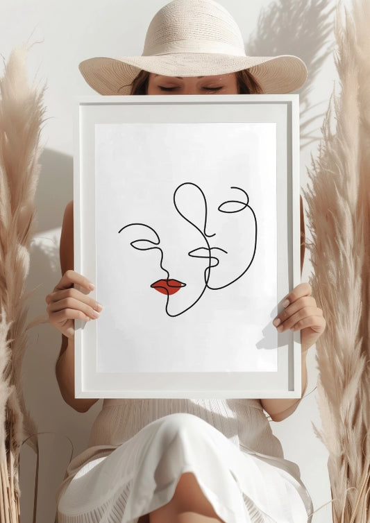 Minimalistyczny Jedna Linia - Twarz z Czerwonymi Ustami Plakat