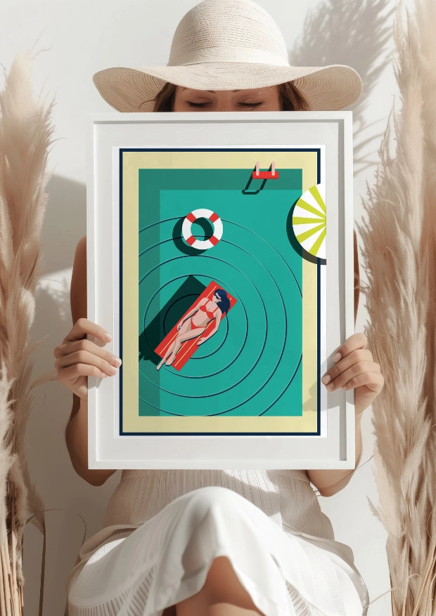 Kobieta w Basenie Relaksująca Się na Leżaku Plakat