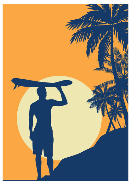 Surfer na Zachodzie Słońca z Palmami Plakat