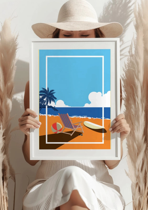 Letni Dzień na Plaży z Leżakiem i Deską Surfingową Plakat