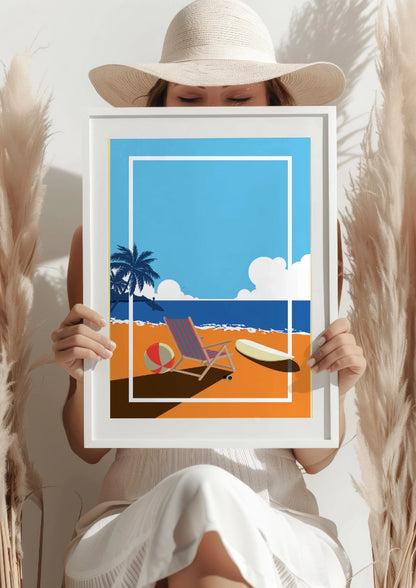 Letni Dzień na Plaży z Leżakiem i Deską Surfingową Plakat