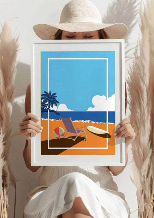 Letni Dzień na Plaży z Leżakiem i Deską Surfingową Plakat