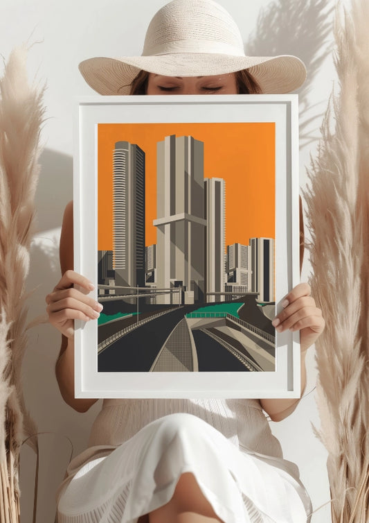 Modernistyczne Miasto o Zachodzie Słońca Plakat