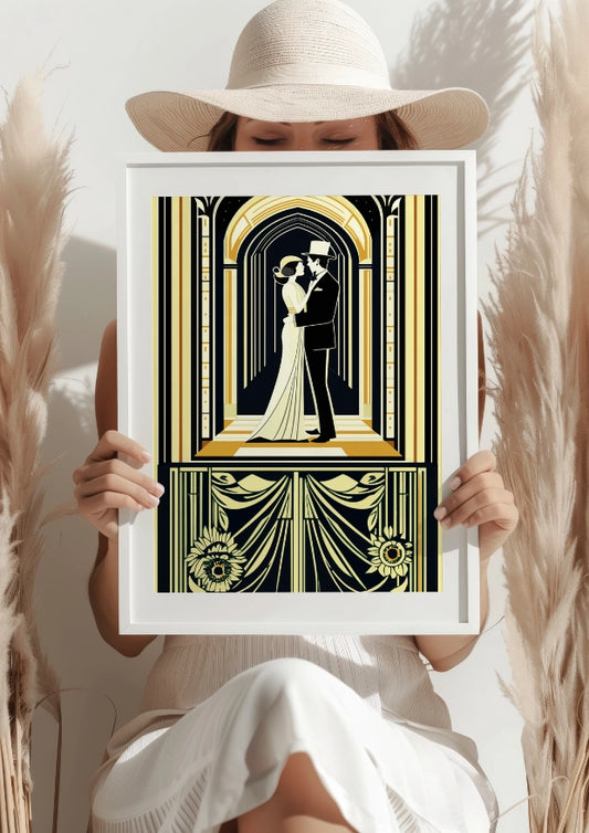 Para w Złotej Architekturze Art Deco Retro Plakat