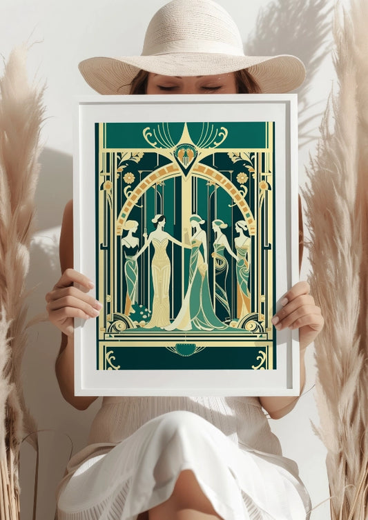 Eleganckie Damy w Złotej Ramie Art Deco Plakat