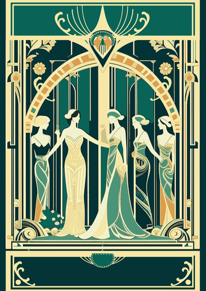Eleganckie Damy w Złotej Ramie Art Deco Plakat