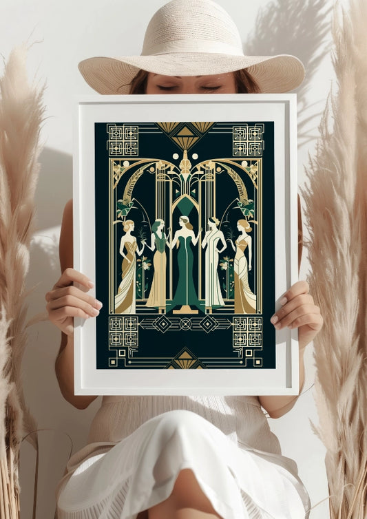 Stylowe Kobiety Art Deco w Złotej Ramie Plakat