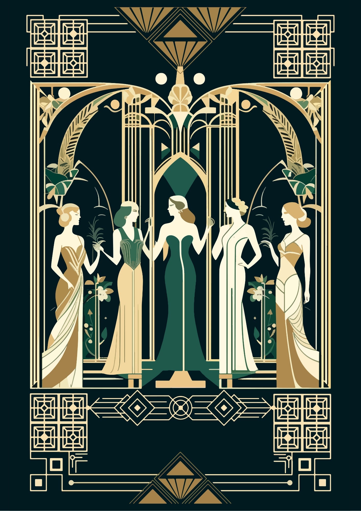 Stylowe Kobiety Art Deco w Złotej Ramie Plakat