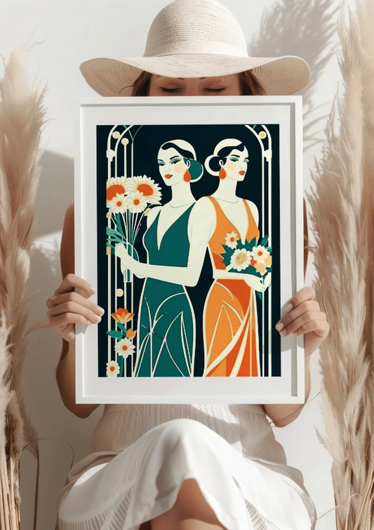 Eleganckie Kobiety z Bukietami w Stylu Art Deco Plakat