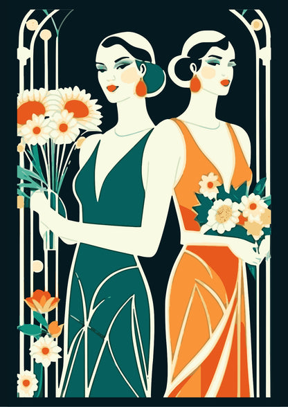 Eleganckie Kobiety z Bukietami w Stylu Art Deco Plakat