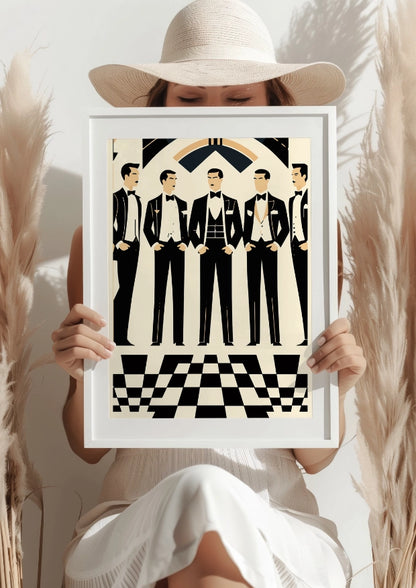 Eleganccy Mężczyźni w Tuxedach na Szachownicy Plakat