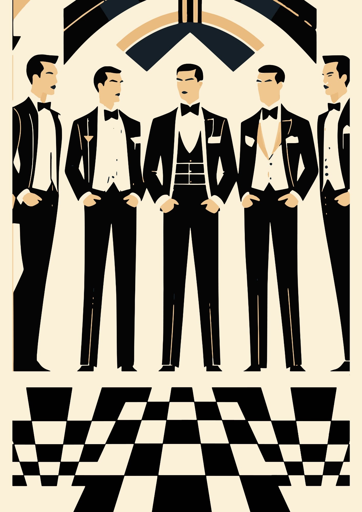 Eleganccy Mężczyźni w Tuxedach na Szachownicy Plakat