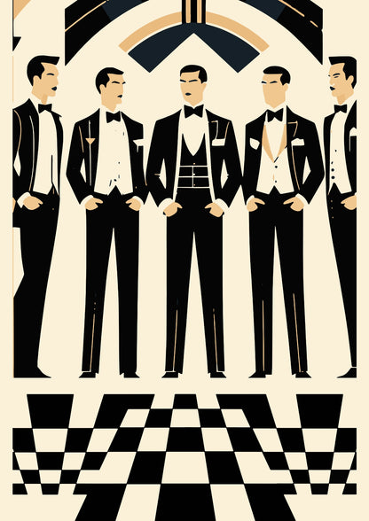 Eleganccy Mężczyźni w Tuxedach na Szachownicy Plakat