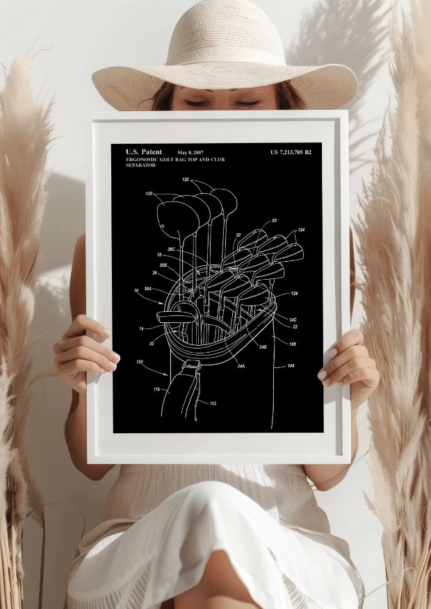 Patent na Ergonomiczną Torbę Golfową z Separatorem Kijów na Czarnym tle Plakat