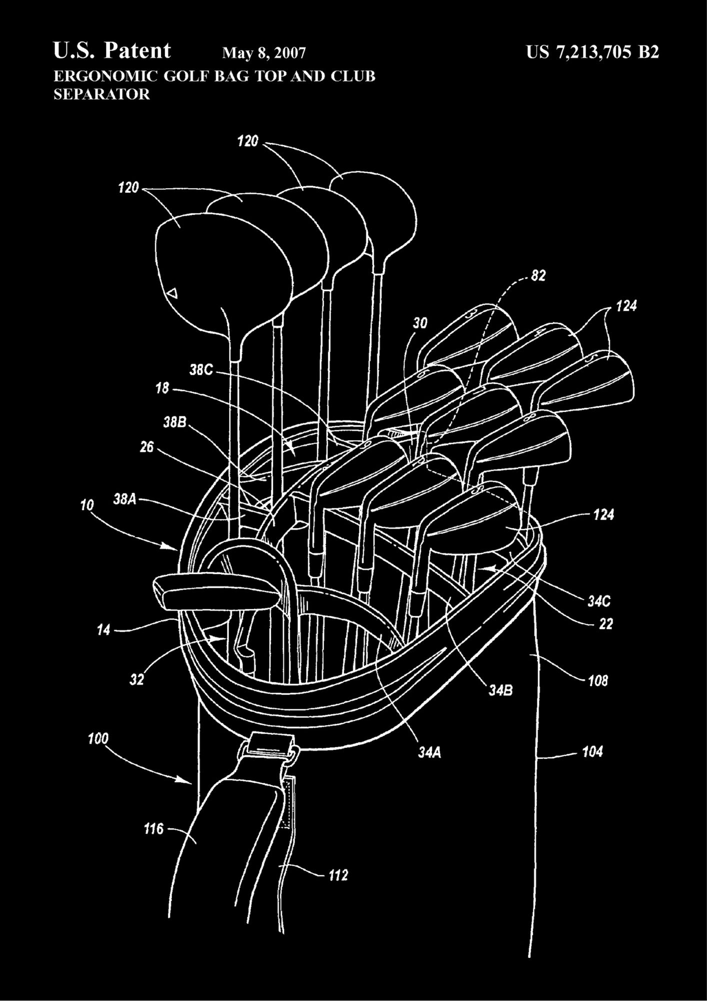 Patent na Ergonomiczną Torbę Golfową z Separatorem Kijów na Czarnym tle Plakat